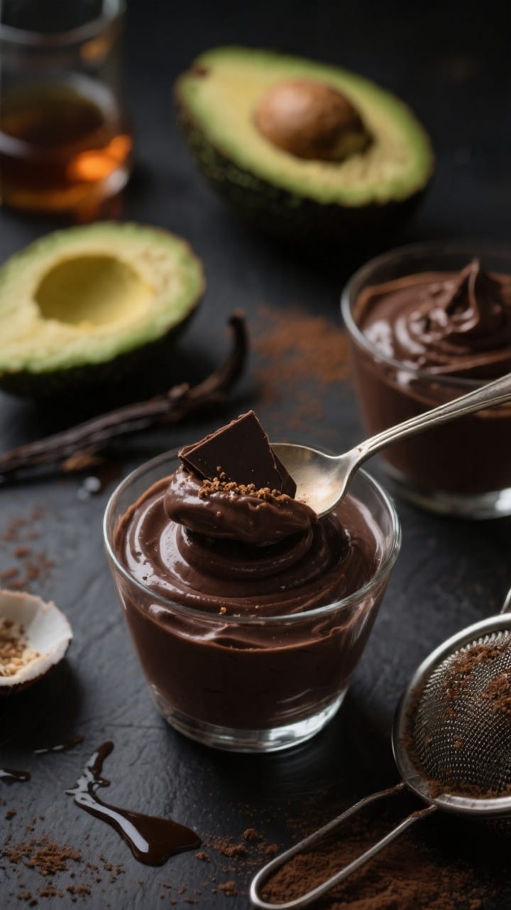 Dramatic close-up at 45 degrees of Silky Dark Chocolate Avocado Mousse spooned into petite glass cups: ultra-smooth, dark cocoa/cacao sheen with micro-bubbles minimized, a faint ribbon of coconut/almond milk gloss, and a light dusting of espresso on top. Garnish with a small shard of dark chocolate and a whisper of vanilla bean specks. Background props: halved ripe avocados, sieve with espresso powder, maple syrup drizzle trail. Moody, low-key lighting to emphasize velvet texture and deep chocolate color.
