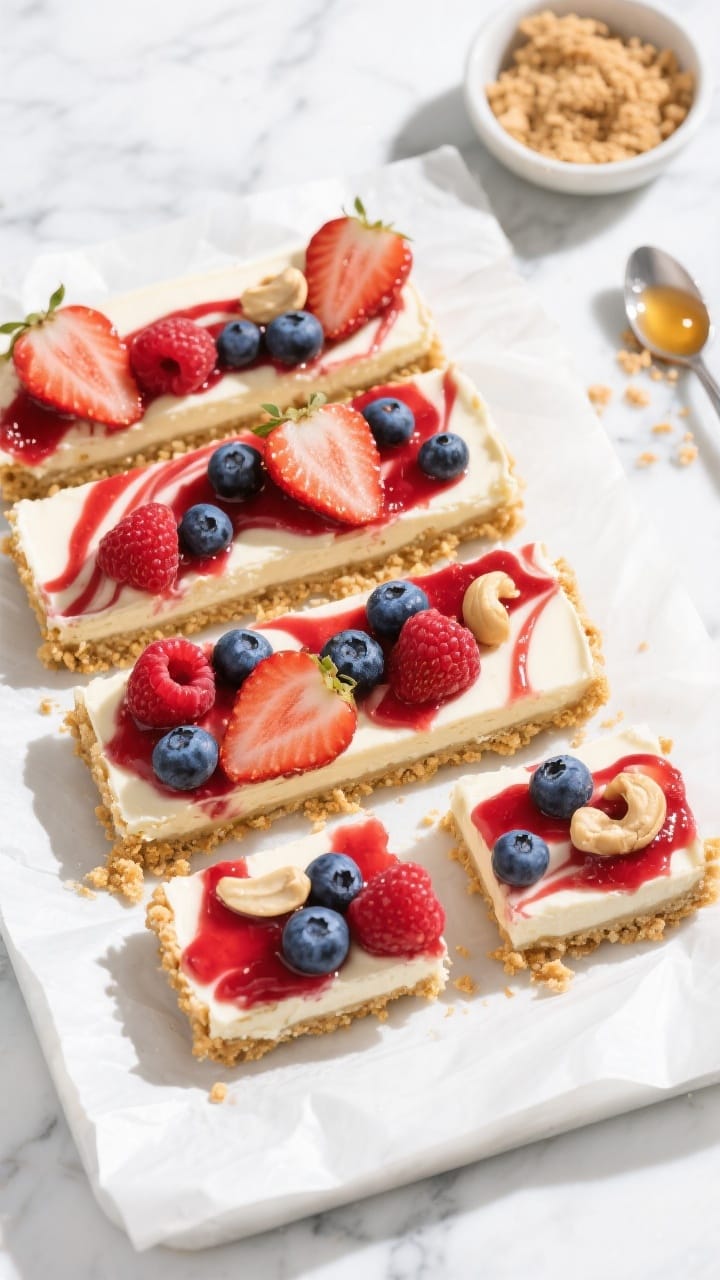 Overhead flat lay of Berry-Licious Coconut Cheesecake Bars sliced into neat squares on a white parchment-lined tray: golden vegan graham cracker crust (graham cracker crumbs, melted coconut oil, maple syrup) topped with a creamy coconut-cashew cheesecake layer (soaked raw cashews, coconut milk from a 14-oz can) swirled with a vivid red-and-blue berry compote of strawberries, blueberries, and raspberries. Garnish with fresh blueberries and strawberry slices for a red, white, and blue effect; the perfect Vegan Memorial Day Desserts