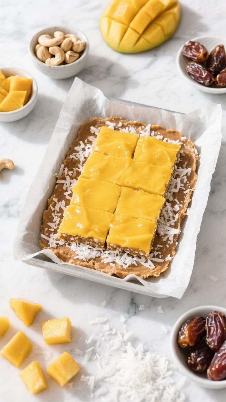 Overhead flat lay of Mango Coconut Bliss Bars being assembled: a parchment-lined square pan half-filled with a sticky base of blended Medjool dates and unsweetened shredded coconut, topped with a thick, glossy mango–cashew layer in vibrant golden-yellow. Surround with small bowls of soaked cashews, ripe mango chunks, and drained dates; sprinkle of extra shredded coconut on a marble surface. Bright, summery light, No-bake vegan desserts on a summer dessert platter