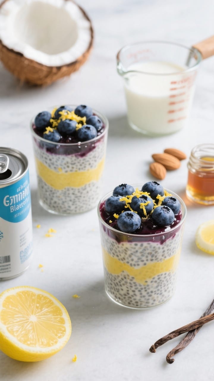 Overhead ingredient-to-parfait scene for Lemon Blueberry Chia Pudding Parfaits: two completed parfaits layered in clear tumblers—speckled chia pudding made with unsweetened almond milk and full-fat coconut milk, bright lemon zest throughout, a glossy blueberry compote layer, finished with fresh blueberries and an extra sprinkle of lemon zest. Around them: a measuring cup of almond milk, can of coconut milk, small jar of maple syrup, halved lemons showing fresh juice, vanilla extract vial. Fresh, airy light with cool tones to highlight creamy, citrusy, and juicy textures.