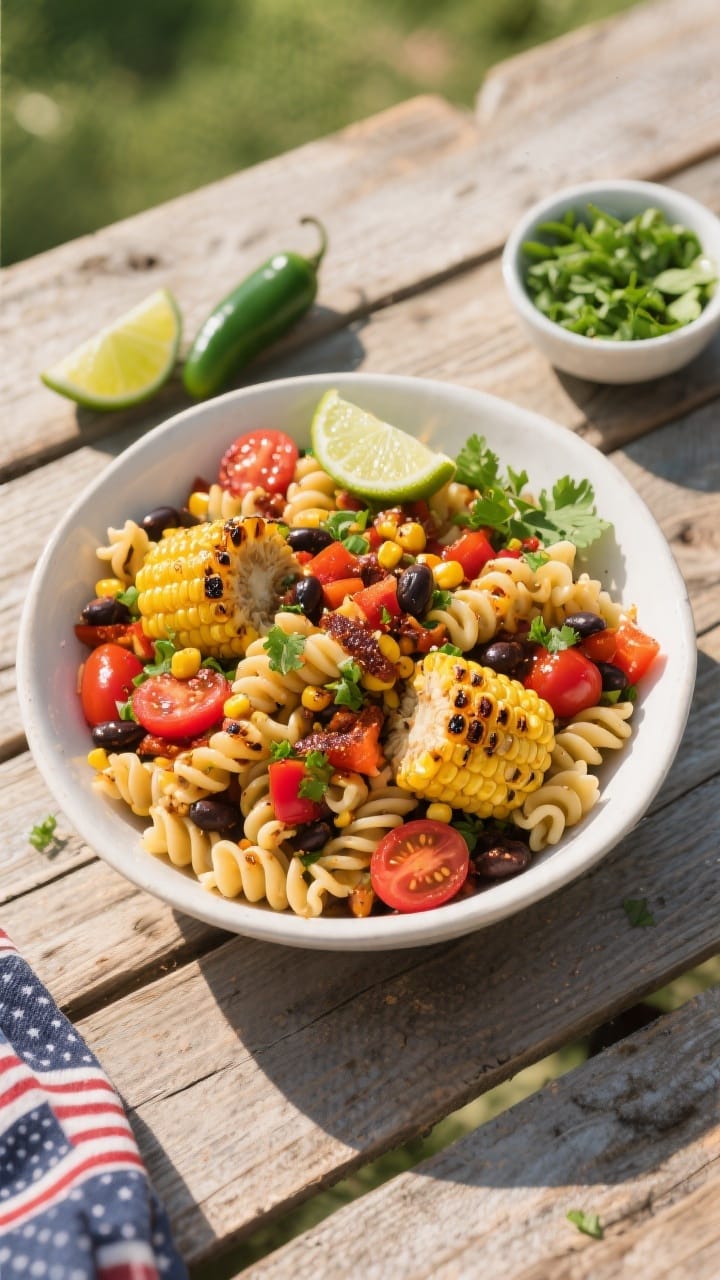 Overhead shot: A vibrant smoky grilled corn and chipotle pasta salad in a wide white ceramic bowl on a rustic wood table, featuring rotini tossed with charred corn kernels sliced off the cob, diced red bell pepper, halved cherry tomatoes, and rinsed black beans, all glistening in a lime-cilantro dressing with visible flecks of green herb and a hint of reddish chipotle hue; lime wedges, a halved jalapeño, and a small bowl of chopped cilantro styled around the bowl; warm, sunlit Memorial Day picnic vibe, no people, sharp focus, natural colors, appetizing sheen.