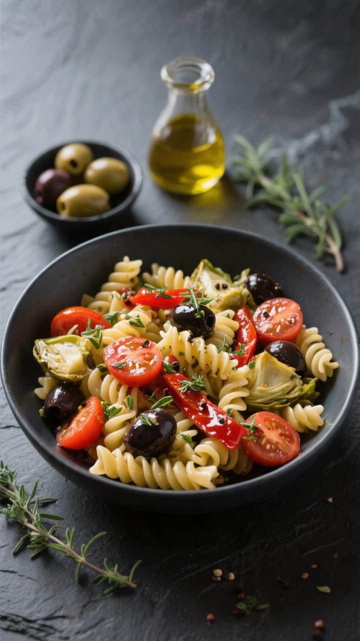 Straight-on antipasto-style bowl: Mediterranean antipasto pasta salad with fusilli in a glossy zesty oregano vinaigrette, loaded with halved cherry tomatoes, quartered marinated artichoke hearts, Kalamata olive halves, and strips of roasted red peppers; visible oregano and cracked pepper in the vinaigrette clinging to the spirals; served in a matte charcoal bowl on a slate surface with a small carafe of vinaigrette, a dish of olives, and oregano sprigs as props; saturated Mediterranean colors, high contrast, professional studio light.