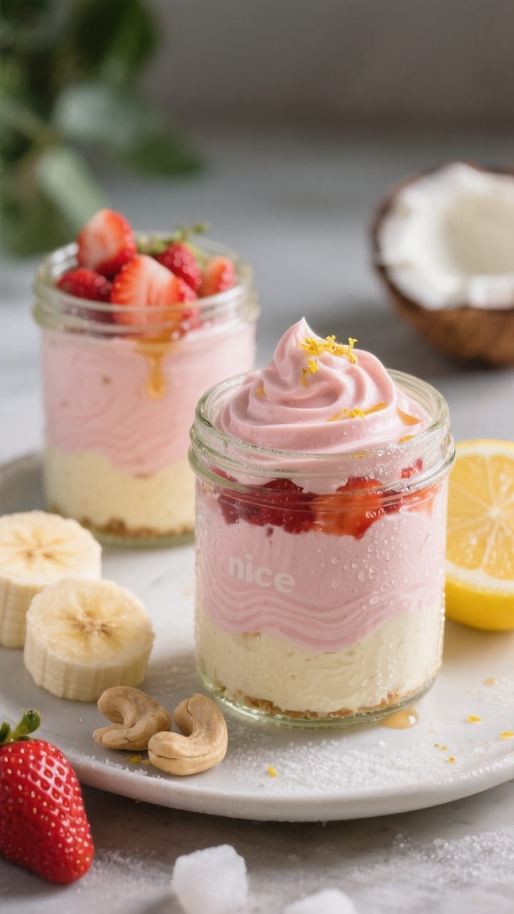 Straight-on plated presentation of No-Churn Strawberry Cheesecake Nice Cream Jars: layered glass jars with swirls of pale pink banana–strawberry “nice cream” (from frozen bananas), creamy cashew “cheesecake” notes, and a ripple of fresh strawberry compote, finished with a drizzle of maple syrup and a twist of lemon zest. Ingredients nearby: soaked cashews (or thick coconut yogurt option), lemon halves, frozen banana slices, and fresh strawberries. Frosty condensation on jars, soft natural light, inviting summertime vibe.