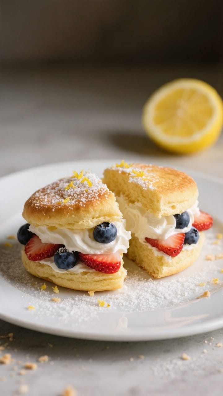 Straight-on plated presentation of Stars-And-Stripes Lemon Shortcakes split and filled: tender, golden shortcakes made from all-purpose flour (or 1:1 gluten-free blend), organic cane sugar, baking powder, baking soda, fine sea salt, and cold vegan butter, scented with lemon zest. Layered with billowy coconut whip and a mix of fresh strawberries and blueberries to echo the flag motif; a dusting of sugar on the berries and a light zesting of lemon over the whip. Served on a matte white plate with crumbs and a halved lemon in the background, warm directional light, high contrast for texture, bakery-style elegance.