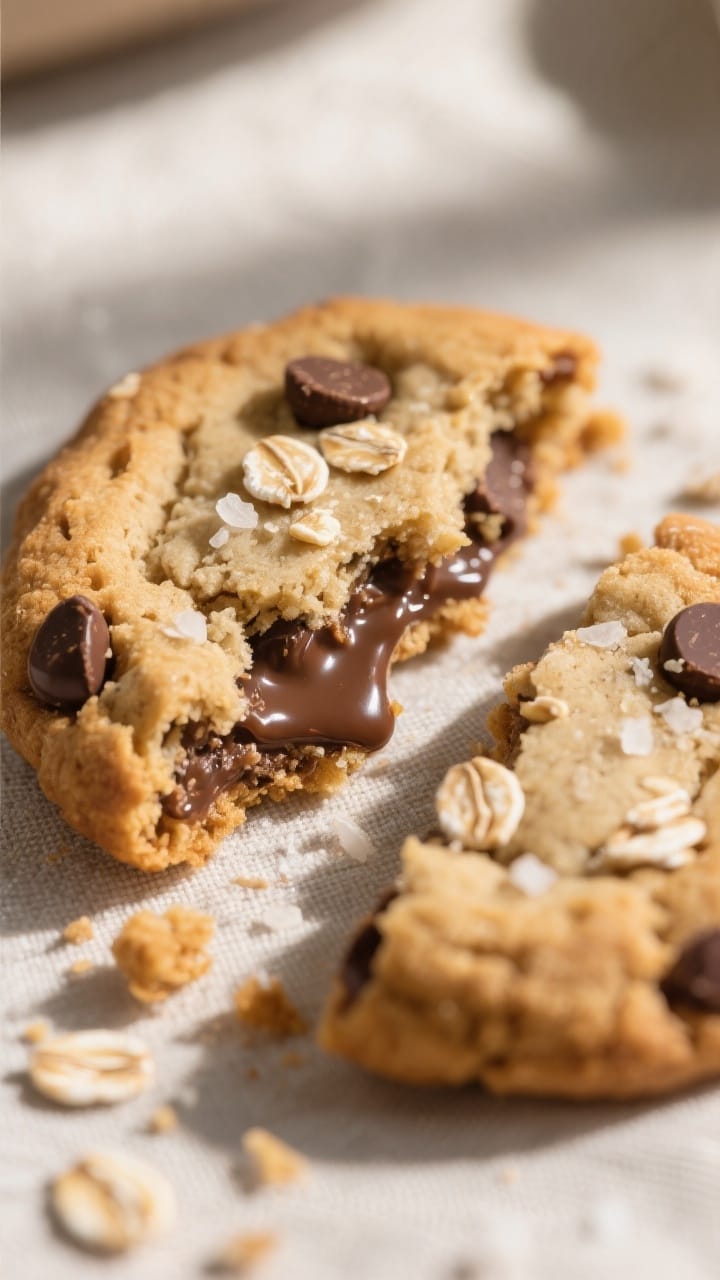 Close-up detail: A freshly baked oatmeal chocolate chip cookie torn in half, showing a chewy center