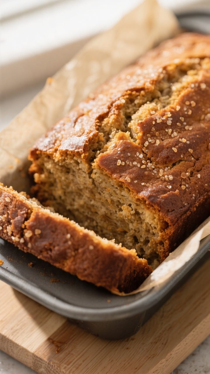 Close-up detail: Freshly baked vegan banana bread loaf just out of the pan, golden-brown crust with 