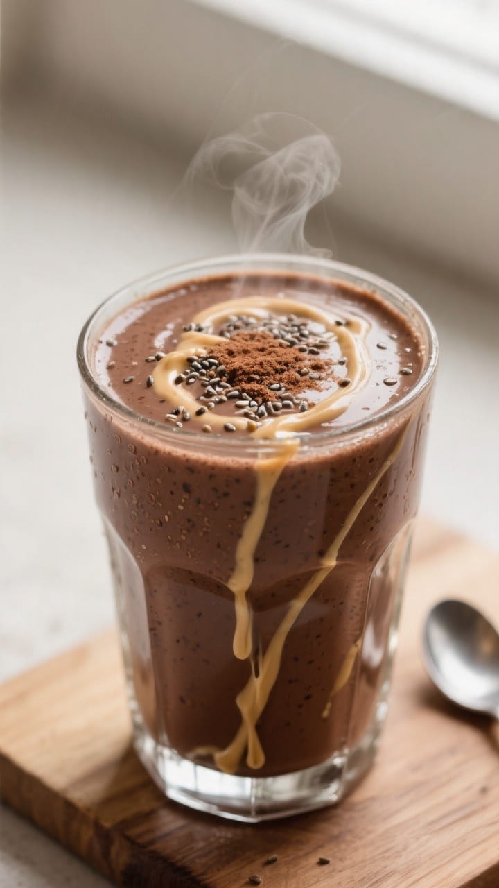 Close-up detail: Thick, creamy chocolate peanut butter banana smoothie just poured into a chilled cl