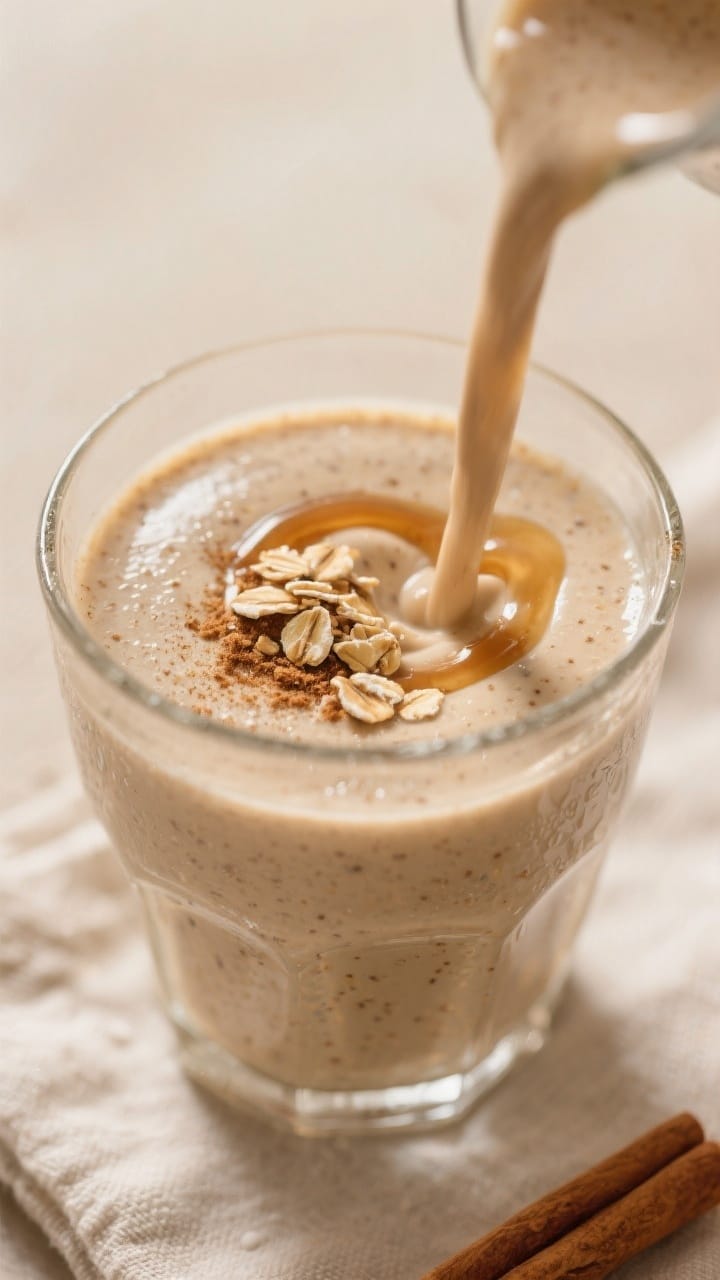 Close-up detail: Thick, creamy cinnamon oat breakfast smoothie just poured into a chilled clear glas