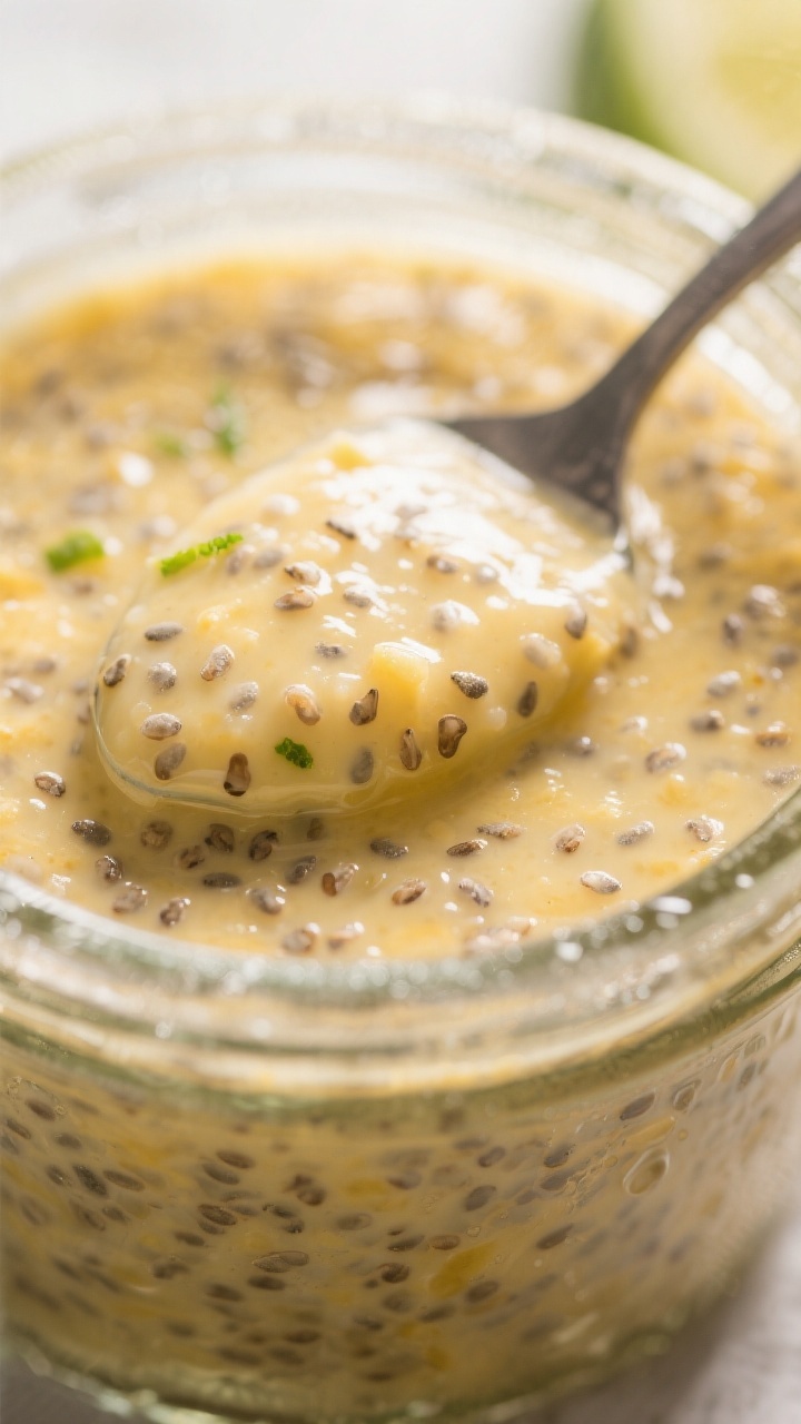 Close-up detail: Thick, creamy mango coconut chia pudding just after chilling, spoon dragging a clea