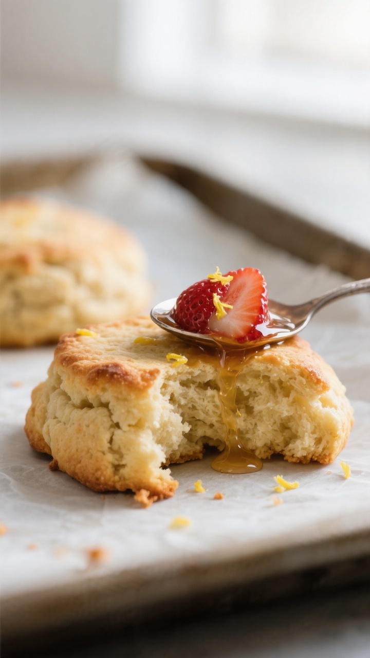 Close-up detail: Warm vegan drop biscuit just out of the oven, cracked open to reveal fluffy, airy c
