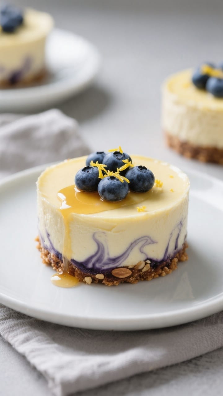 Close-up, three-quarter angle hero shot of finished no-bake lemon blueberry cheesecake cups unmolded