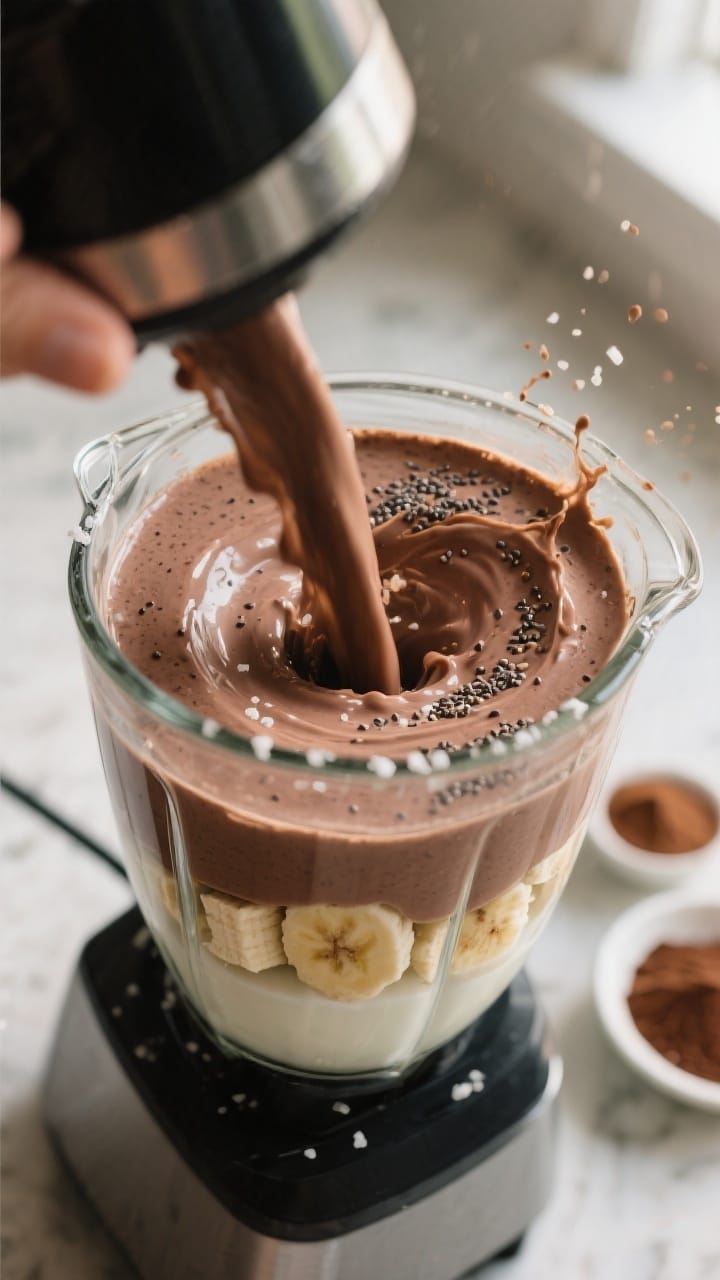 Cooking process: Action shot of the smoothie in a high-speed blender mid-blend, showing the vortex o