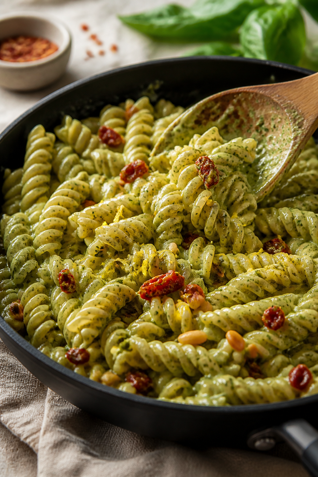 Cooking process close-up: Al dente fusilli being tossed in a sauté pan over low heat with glossy, u