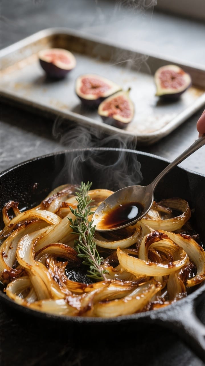 Cooking process close-up: Caramelized onions finishing in a matte black skillet—deep golden, gloss