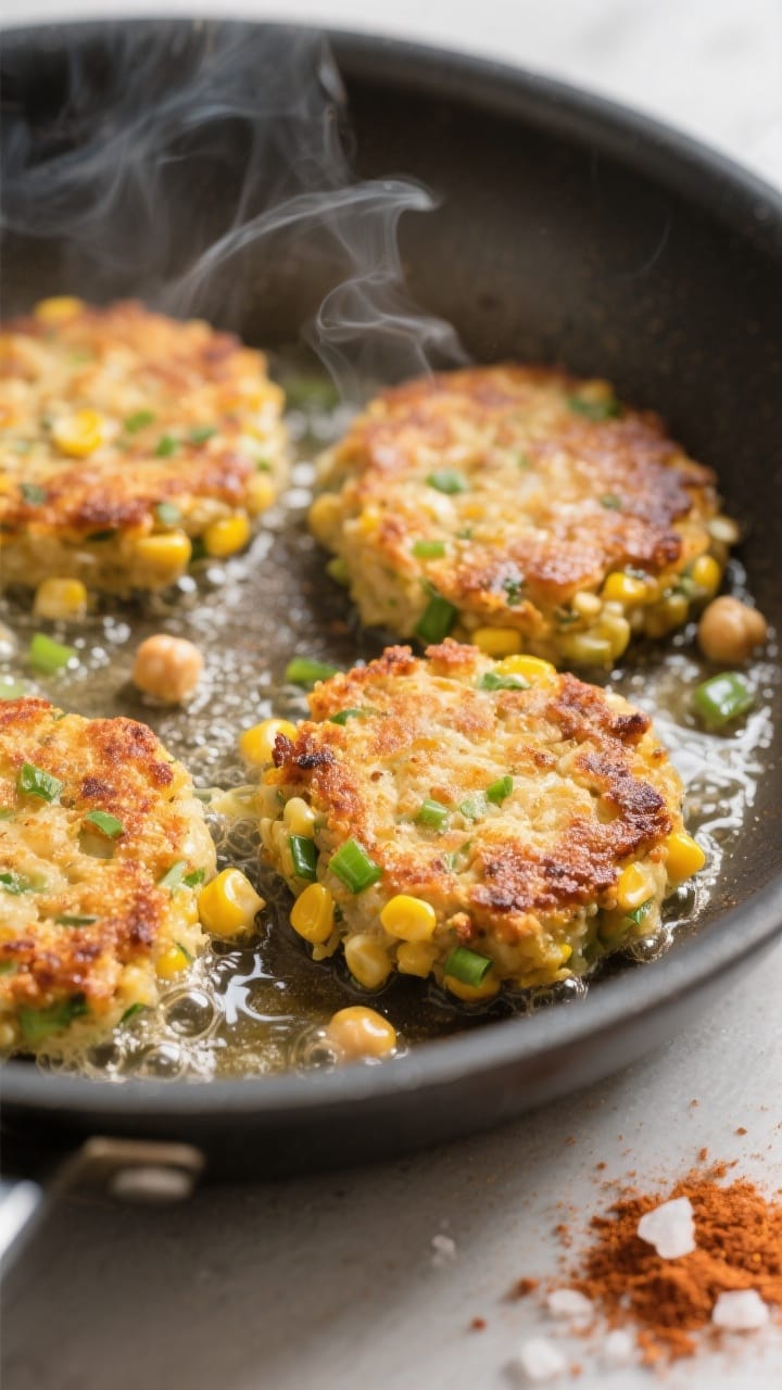 Cooking process close-up: Crispy chickpea and corn patties sizzling in a nonstick skillet during pan-fry