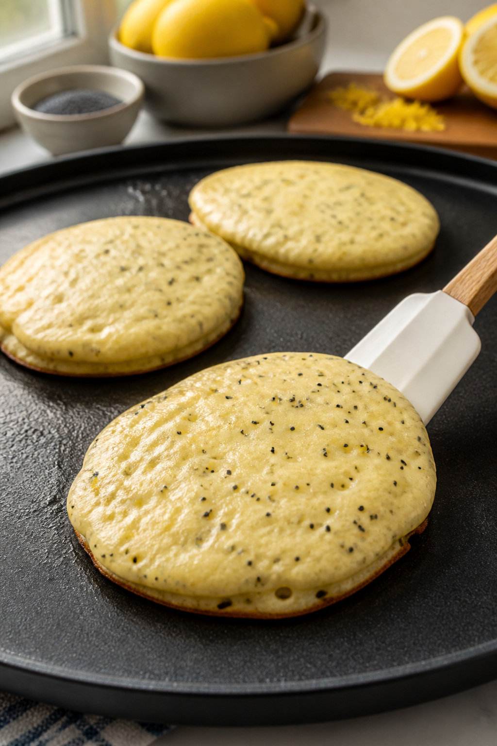 lemon poppyseed fluff pancakes cooking process