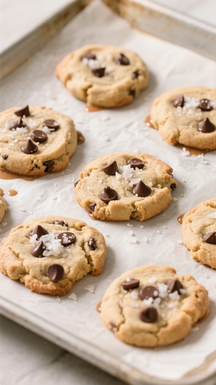 Cooking process: Overhead shot of a parchment-lined baking sheet just out of the oven with scooped,