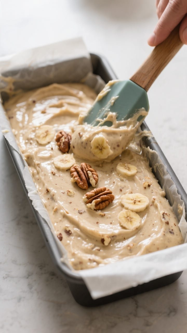 Cooking process: Overhead shot of the batter being spread into a parchment-lined 9x5-inch loaf pan w