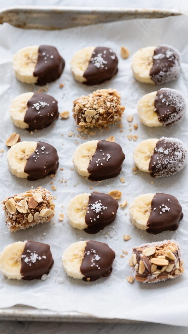 Final dish overhead: Neatly arranged frozen chocolate-dipped banana bites on a parchment-lined tray,