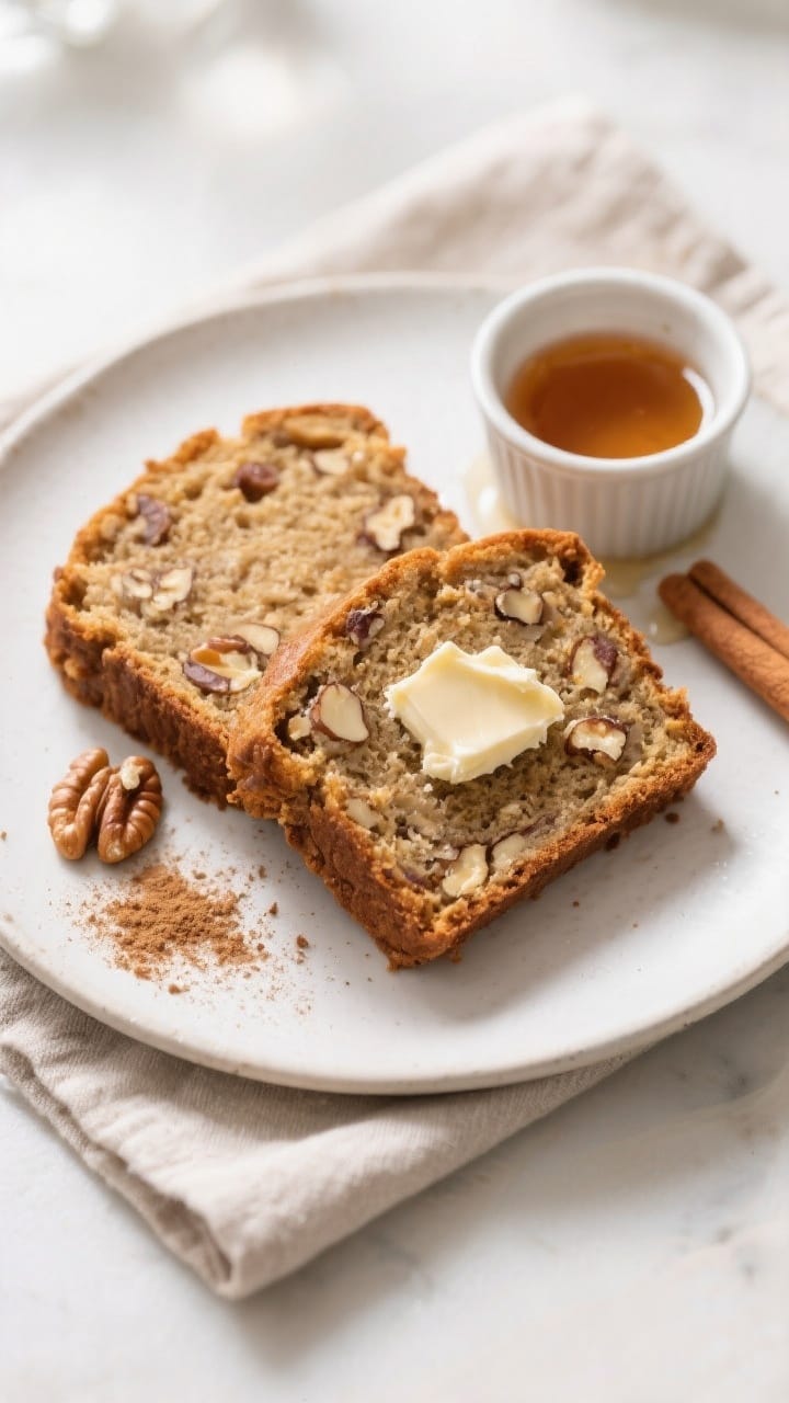 Final dish presentation: Beautifully plated slices of vegan banana bread on a matte white plate, two