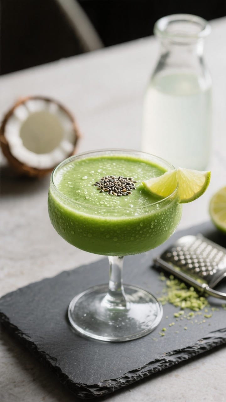 Final dish presentation: Restaurant-quality setup of the smoothie served thick in a stemless goblet,