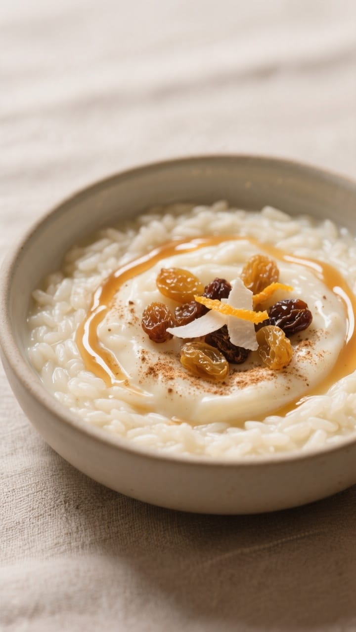 Final plated close-up: A warm bowl of creamy vanilla rice pudding swirled to a soft, billowy finish,
