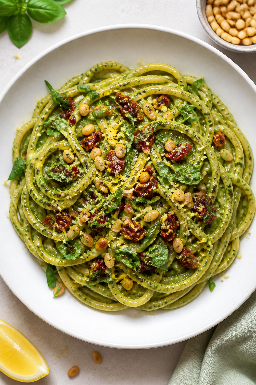 Final plated overhead: Beautifully plated creamy vegan basil pesto linguine in a wide, white shallow