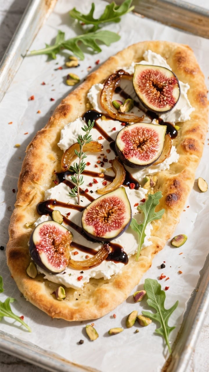 Final plated overhead: Blistered Fig and Balsamic Flatbread topped with thick swoops of cream