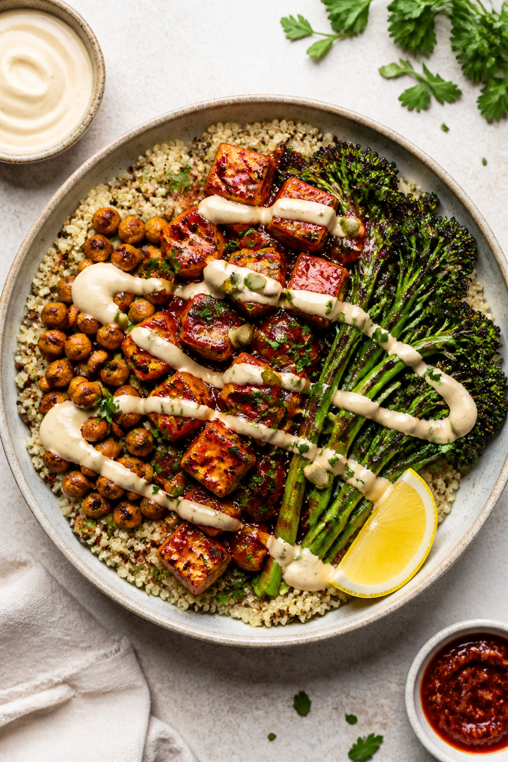 Final plated overhead: Harissa-Glazed Tofu & Quinoa Power Bowl assembled in a wide ceramic bowl; flu