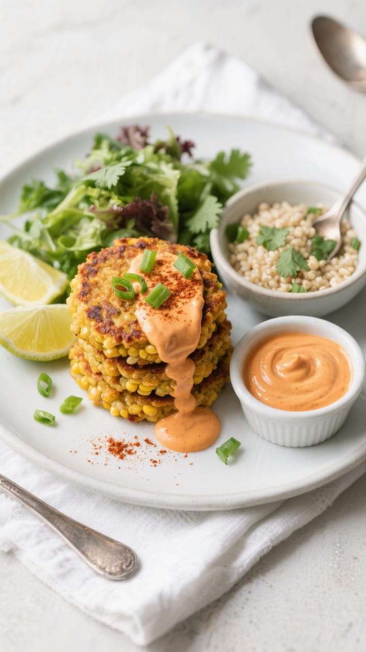 Final plated overhead shot: Overhead, restaurant-style presentation of crispy chickpea corn patties