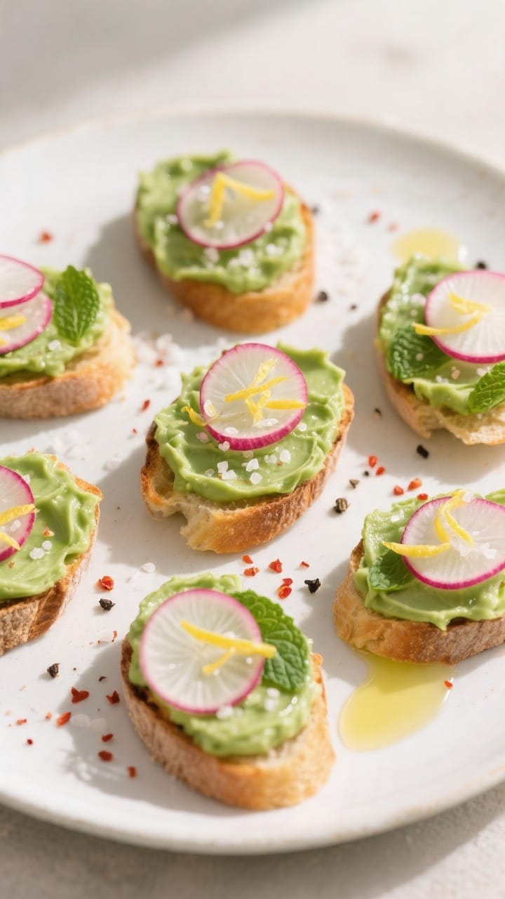 Final plated overhead: Tasty top-down shot of Whipped Pea & Mint Crostini arranged on a matte white