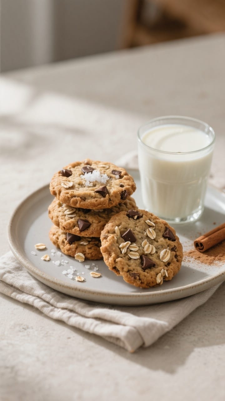 Final presentation: A small stack of three oatmeal chocolate chip cookies on a matte ceramic plate w