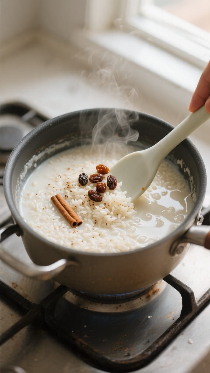 Overhead cooking process shot: A medium saucepan of simmering coconut milk rice pudding on low heat,