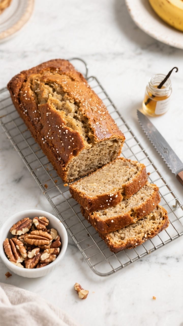 Tasty top-view: Overhead brunch scene with the full vegan banana bread loaf partially sliced on a wi