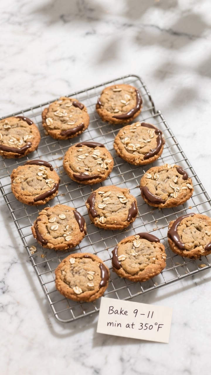 Tasty top view: Overhead cookie-cooling scene on a wire rack—dozen cookies arranged with varied sp