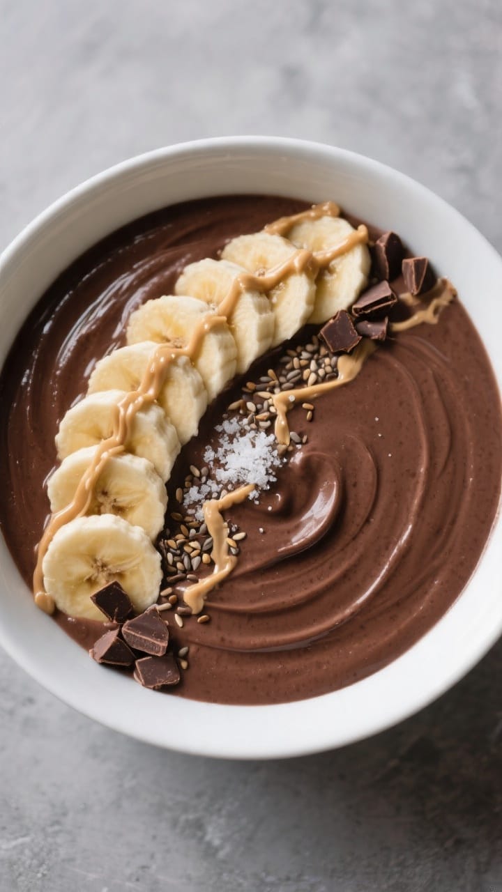 Tasty top view: Overhead shot of the finished chocolate peanut butter banana smoothie served as a th