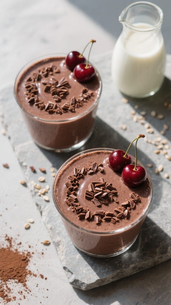 Tasty top view: Overhead shot of the finished Double Chocolate Cherry Smoothie in two glasses, gloss
