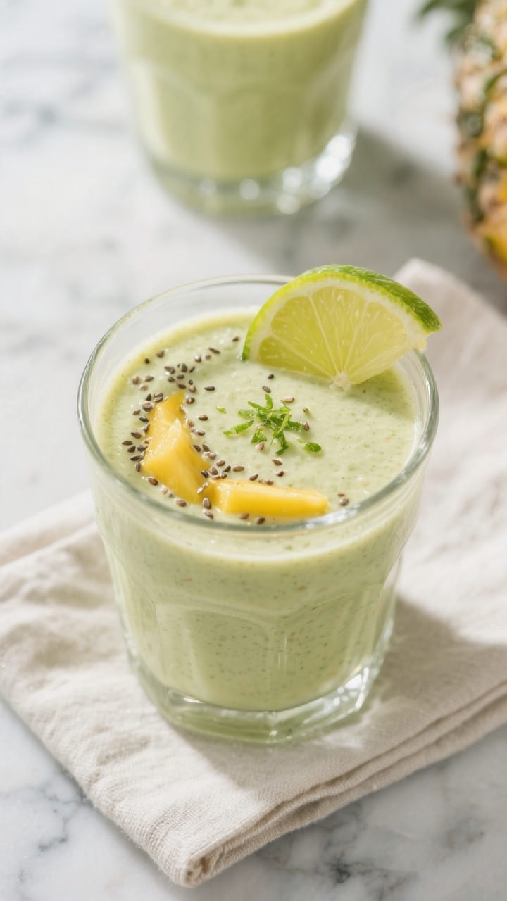 Tasty top view: Overhead shot of the finished Pineapple Mango Green Protein Smoothie in a clear, wid
