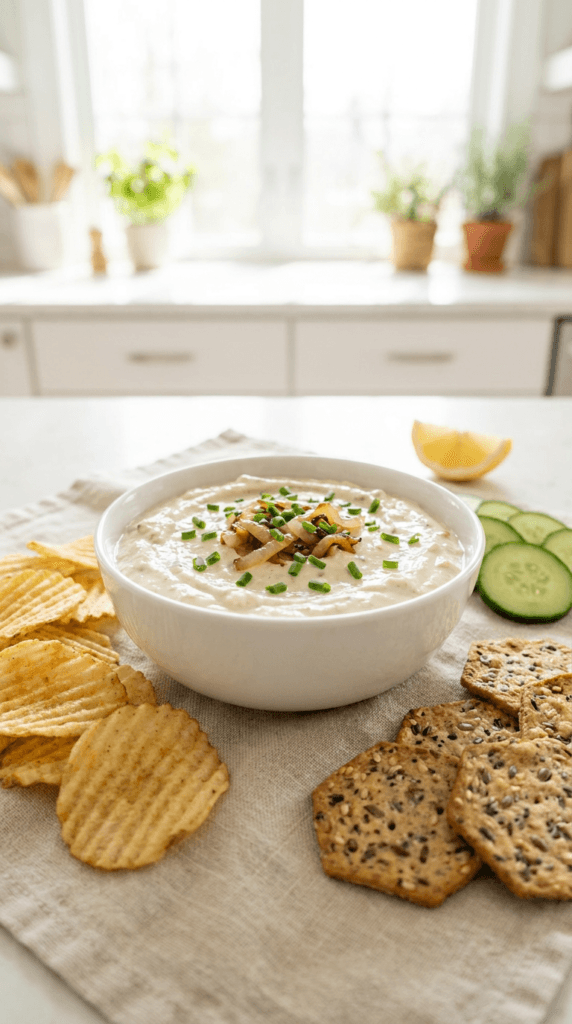 Dairy-Free French Onion Dip Delight: Creamy, flavor-packed dip with fresh chives, crackers & chips—ideal for summer snacking.
