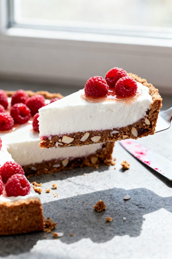 Close-up detail: A slice of no-bake vegan raspberry & coconut cream tart just lifted from the pan, s