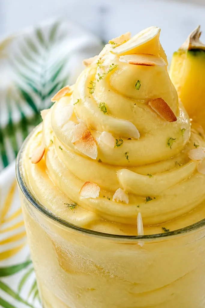 vegan pineapple Dole Whip Close-up detail shot of freshly blended vegan pineapple Dole Whip nice cream swirled into a chilled