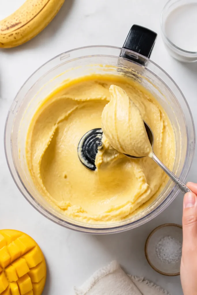 vegan pineapple Dole Whip Cooking process shot: overhead view of the nice cream mid-blend in a food processor, showing thick,