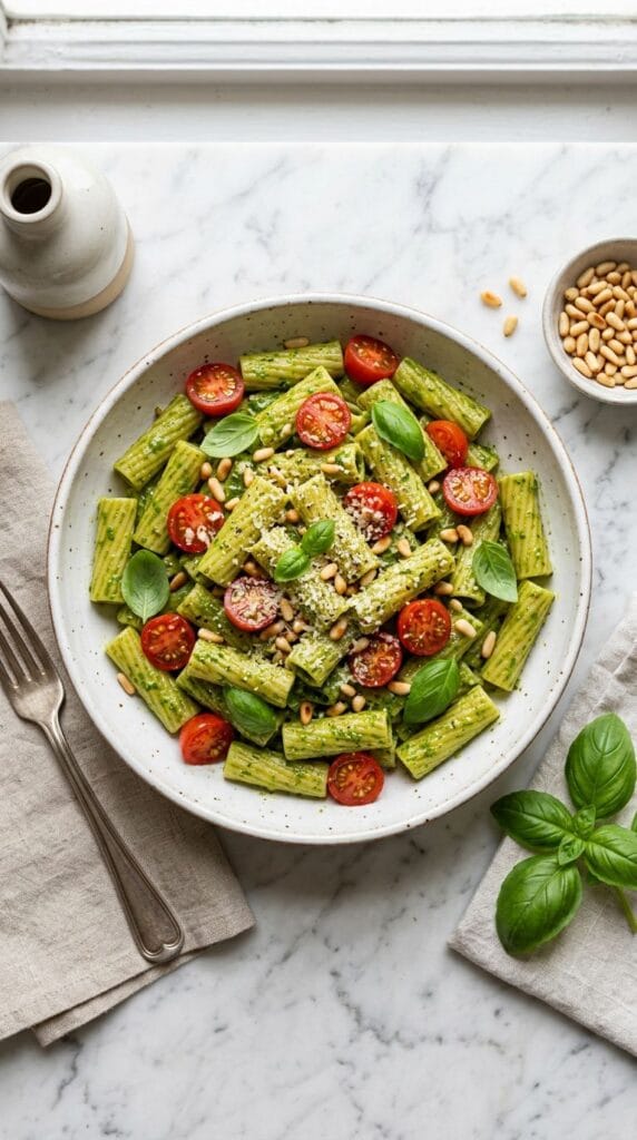 overhead shot of a white ceramic bowl filled with glossy rigatoni coated in vibrant green arugula pesto, scattered with halved cherry tomatoes, fresh basil leaves, and toasted pine nut