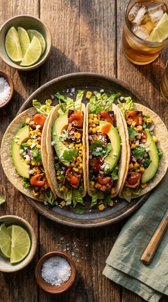 overhead view of BBQ tofu tacos arranged on a rustic wooden table, golden hour lighting, vibrant orange-red bbq sauce drizzle, creamy avocado slices, yellow corn kernels, and crisp green romaine shreds.