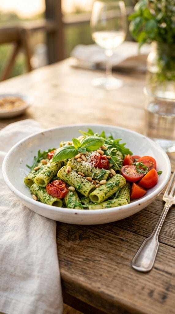arugula pesto rigatoni in a white bowl