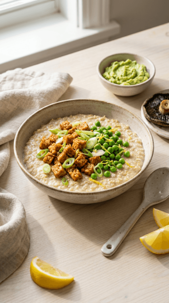 savory oatmeal bowl topped with golden-brown tempeh crumble, sliced green onion, sweet green peas, and a light hint of lemon zest