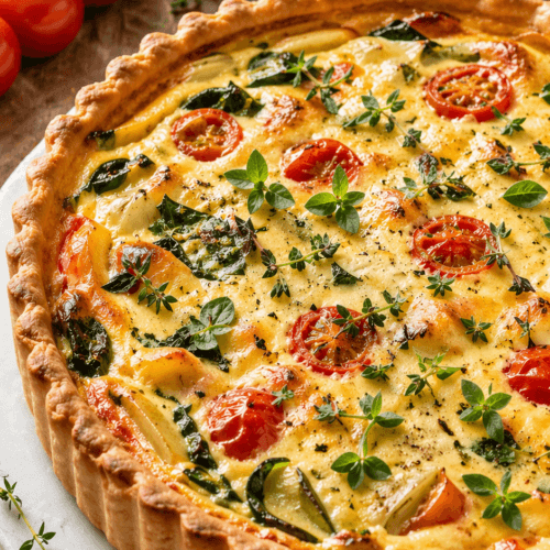 Vegan Brunch Delight: Savory, golden tofu quiche with fresh tomatoes, zucchini, and herbs—ideal for healthy eating. Save this idea so you can come back to it later.