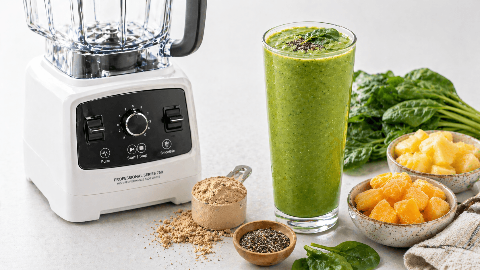 Tropical Green Smoothie Boost: Sleek white blender creates creamy, energizing drinks. Loaded with chia, spinach—ideal for busy mornings. Save this idea so you can come back to it later.