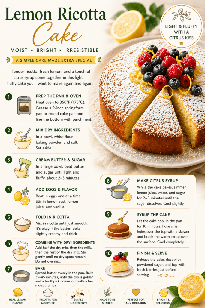 Lemon Ricotta Cake Delight: Moist, zesty cake with powder sugar, berries & easy DIY steps—ideal for festive brunches. Save this idea so you can come back to it later.
