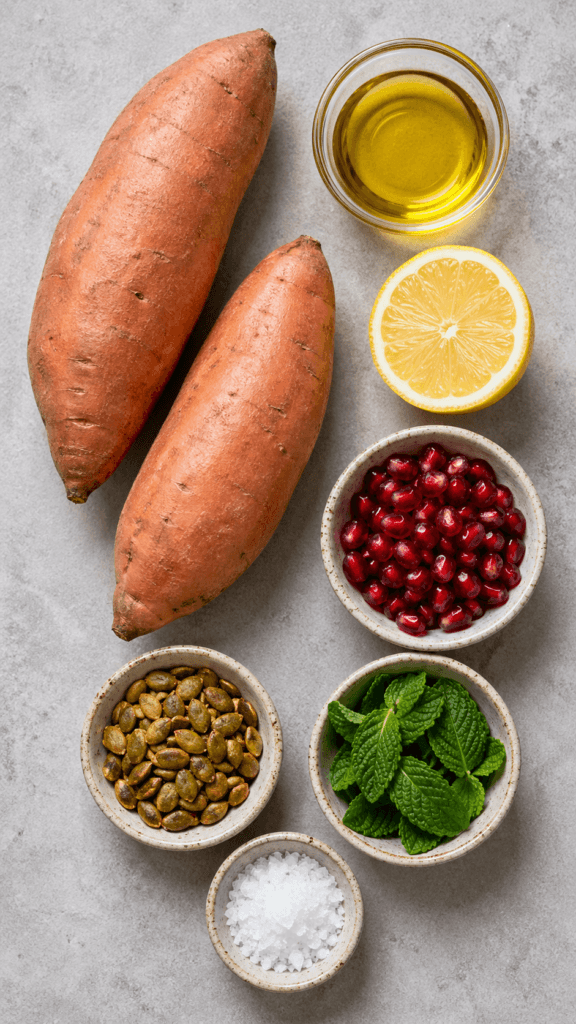 Roasted Vegan Sweet Potato Breakfast: Warm, nourishing sweet potatoes with zesty lemon, nuts & seeds—perfect healthy start. Ingredients for roasted sweet potatoes including raw potatoes, lemon, tahini, and pomegranate. Save this idea so you can come back to it later.